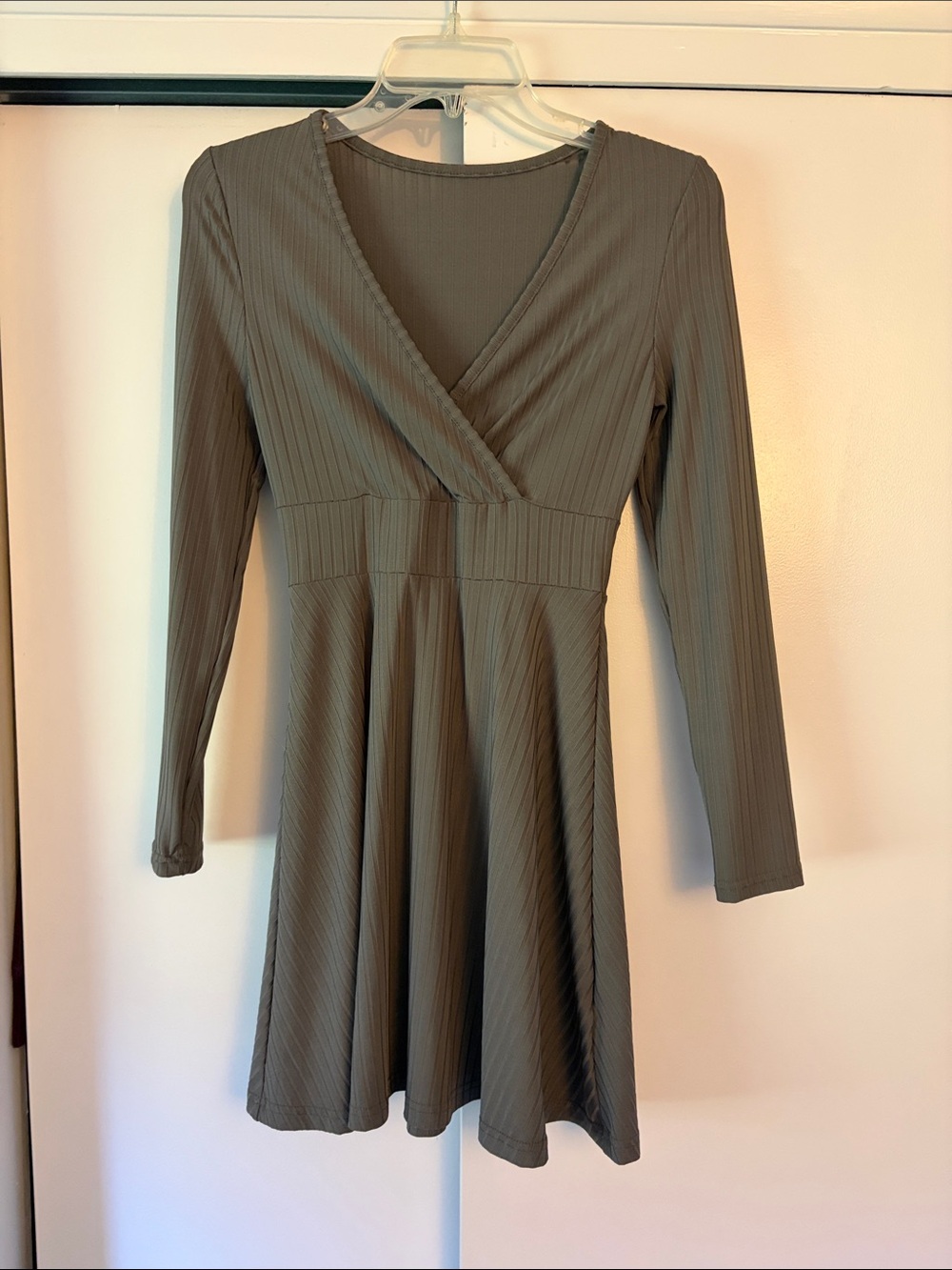 SHEIN Grey Long Sleeve V-Neck Fit & Flare Dress